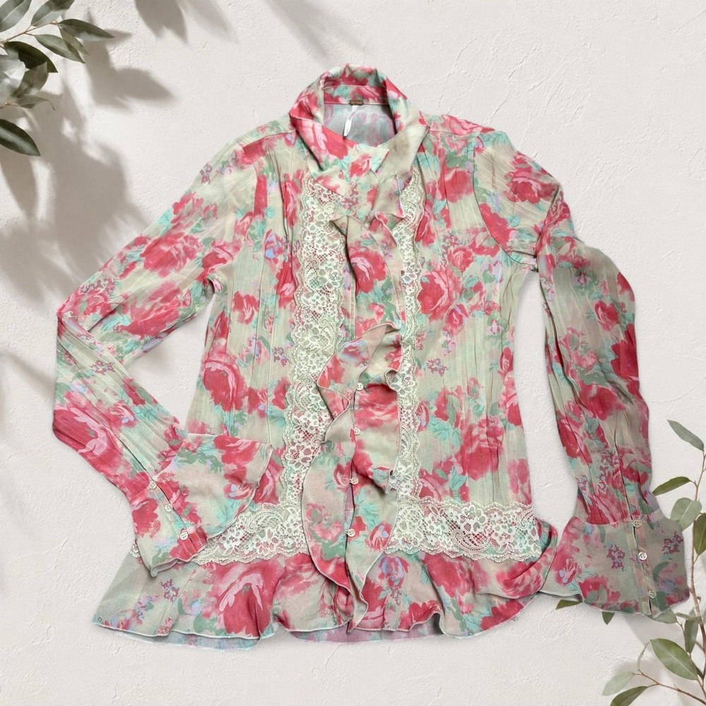 Free People Floral Lace Trim Boho Ruffle Blouse Pink Green Small